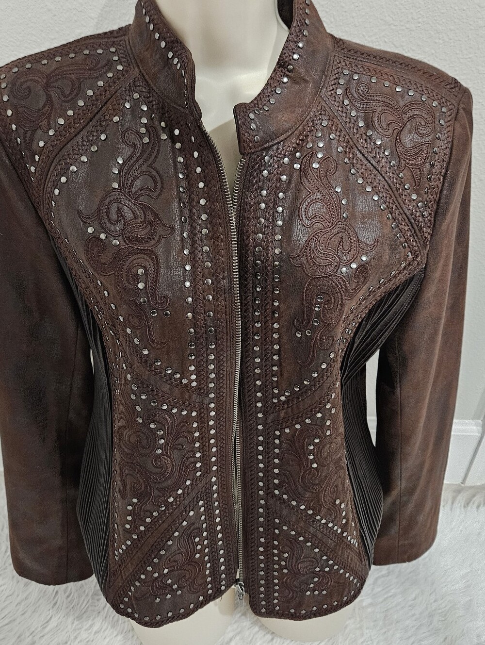 Reba Brown Embossed Studded Leather Jacket